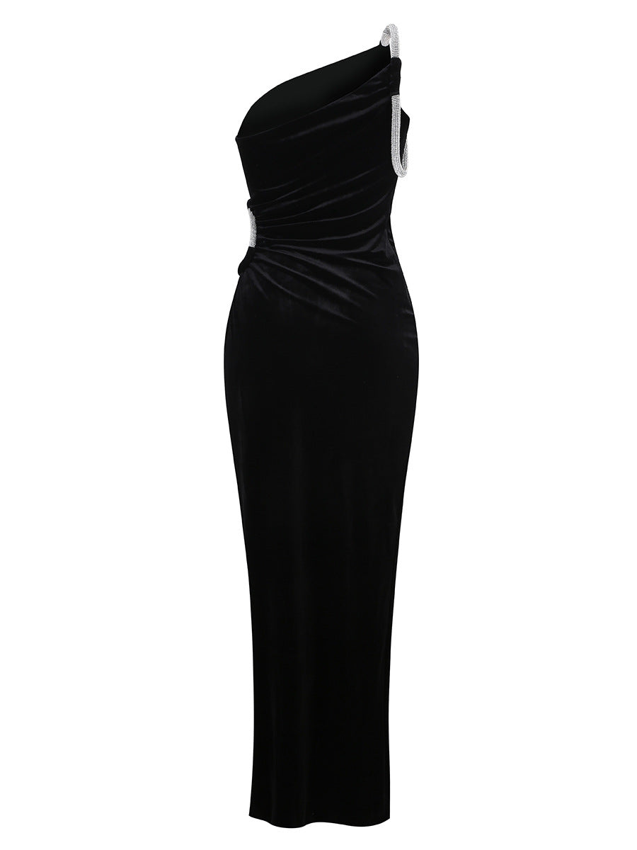 Asymmetrical One-Shoulder Sleeveless Rhinestone Gown Party Dress