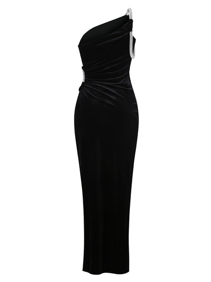 Asymmetrical One-Shoulder Sleeveless Rhinestone Gown Party Dress