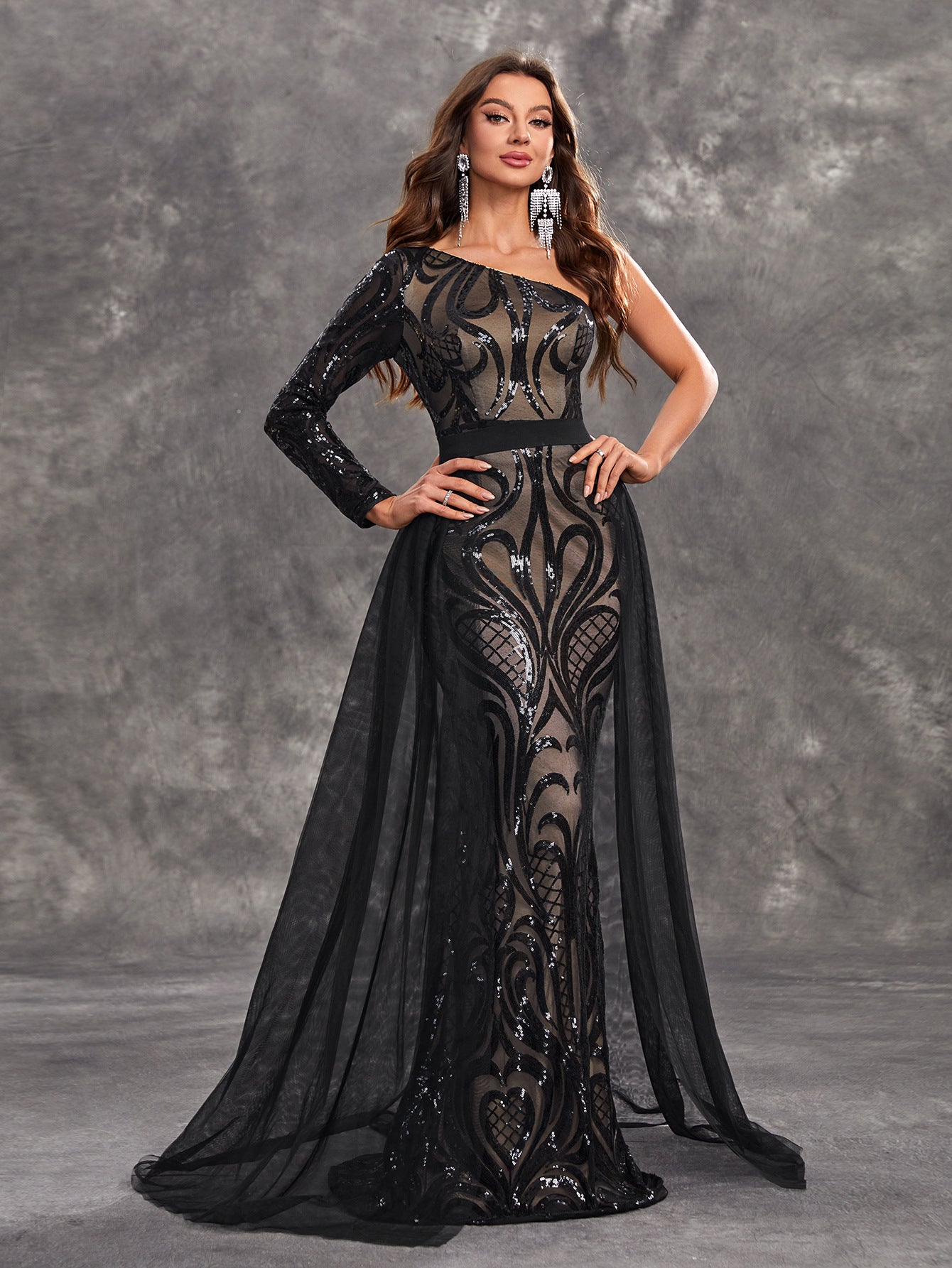 Sequin One-Shoulder Floral Mesh Mermaid Evening Gown Maxi Dress
