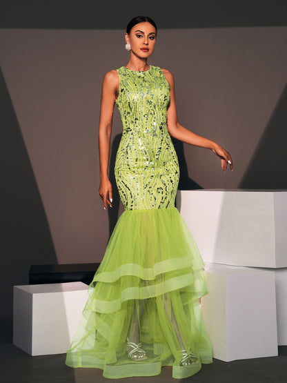 Sequin Sleeveless Round Neck Evening Gown Dress