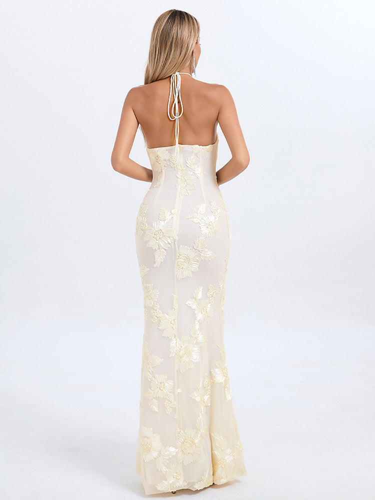 Halterneck Floral Embellished Gold Foil Fitted Long Dress