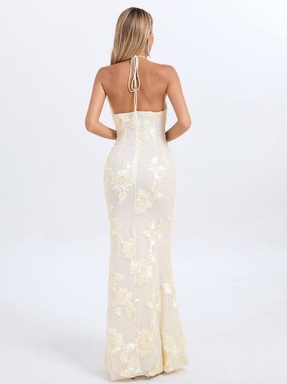 Halterneck Floral Embellished Gold Foil Fitted Long Dress