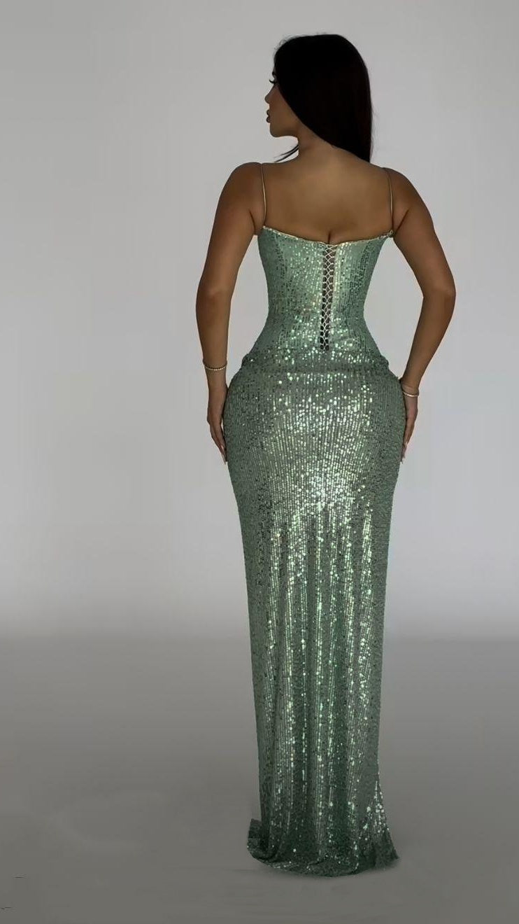 Sequin Spaghetti Strap Slit Maxi Dress