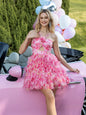 Pink Floral Cut-out Halter Ruffled Mini Dress