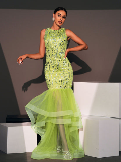 Sequin Sleeveless Round Neck Evening Gown Dress