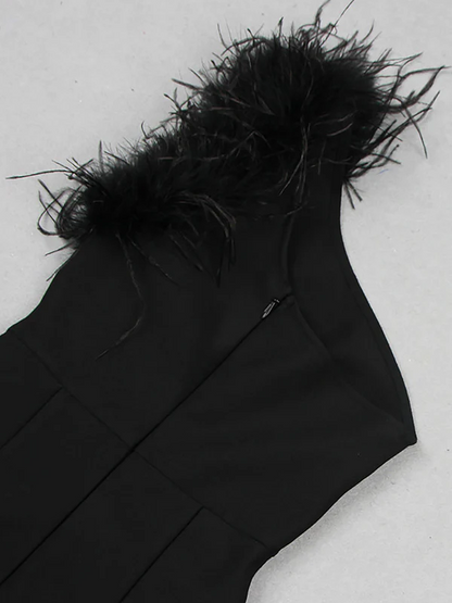 Ostrich Fur One Shoulder Bandage Dress