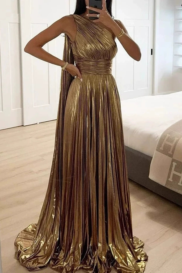 One Shoulder Metallic Pleated A-Line Gown
