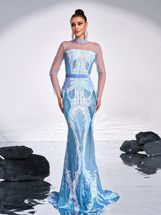 Round Neck Sheer Sequin Evening Gown Maxi Dress