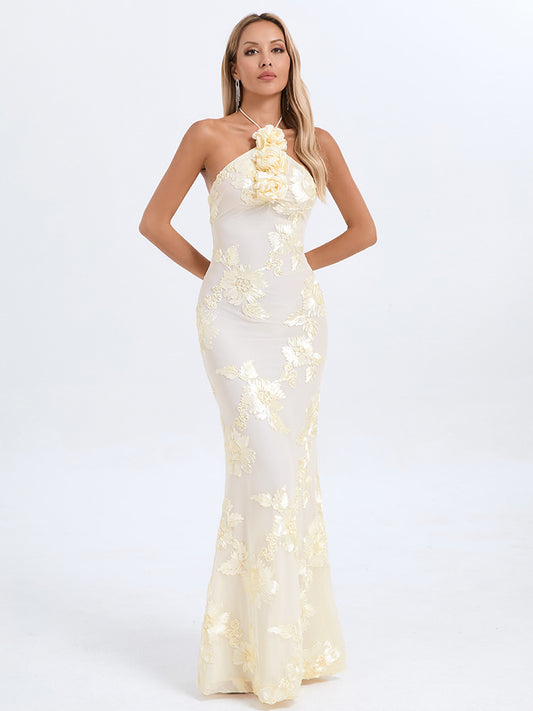 Halterneck Floral Embellished Gold Foil Fitted Long Dress