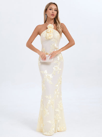Halterneck Floral Embellished Gold Foil Fitted Long Dress