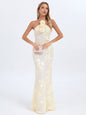 Halterneck Floral Embellished Gold Foil Fitted Long Dress