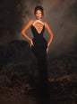 Pearl-Embellished Halter Neck Velvet Mermaid Gown