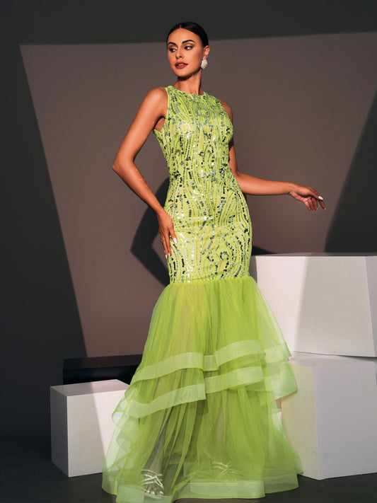 Sequin Sleeveless Round Neck Evening Gown Dress