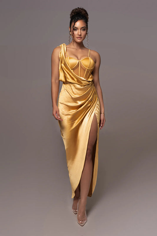 Strapless Sheer Ruched Evening Gown Dress - Yellow