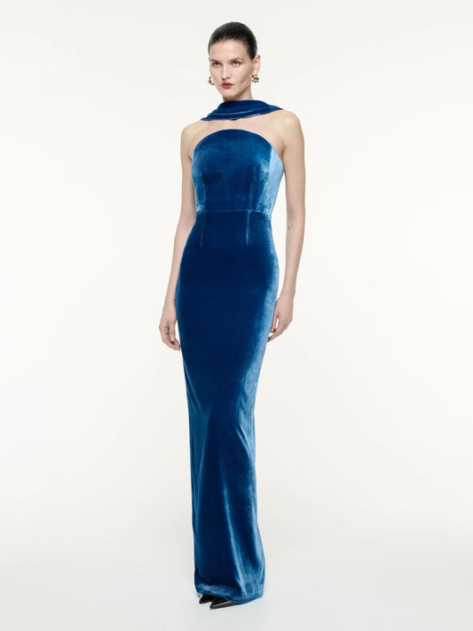 Strapless Split Velvet Dress with an Elegant Backless Gown