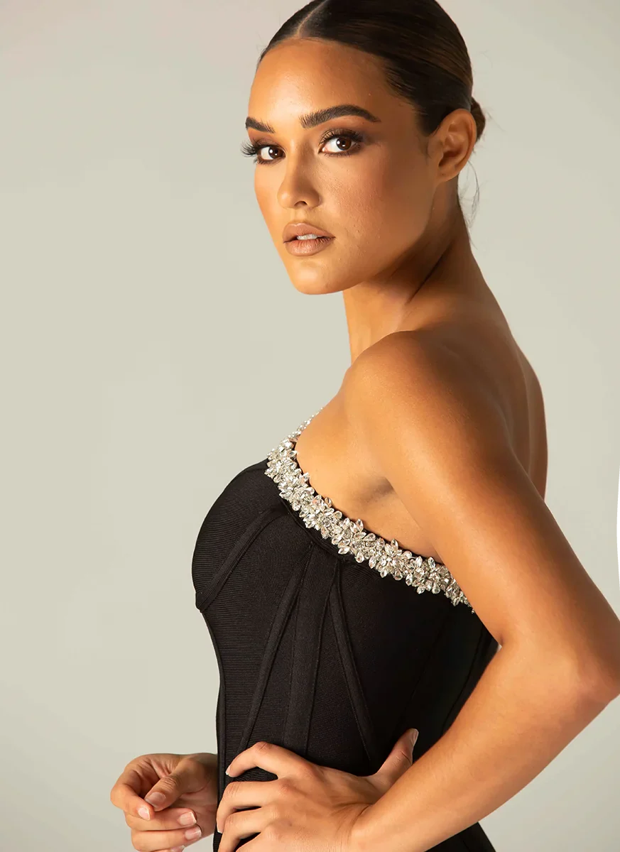 One-Shoulder Strap A-Diamond-Embellished Flare Dress