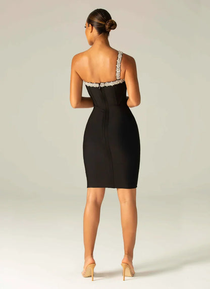 One-Shoulder Strap A-Diamond-Embellished Flare Dress