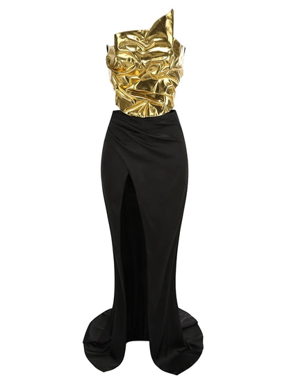 Sexy Backless Skirt 2-Piece Sets Women Strapless Golds Folds Top + Black High Split Long Skirt Suits Evening Cocktail Party Gown
