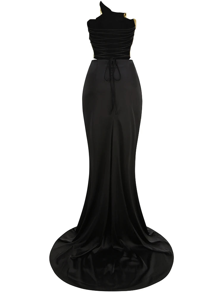 Sexy Backless Skirt 2-Piece Sets Women Strapless Golds Folds Top + Black High Split Long Skirt Suits Evening Cocktail Party Gown