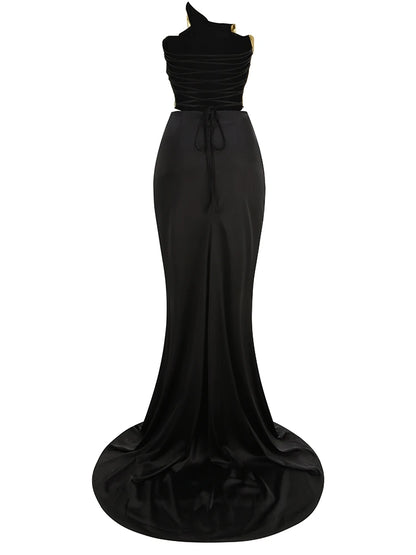 Sexy Backless Skirt 2-Piece Sets Women Strapless Golds Folds Top + Black High Split Long Skirt Suits Evening Cocktail Party Gown