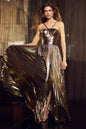 Golden Strapless Pleated Maxi Dress