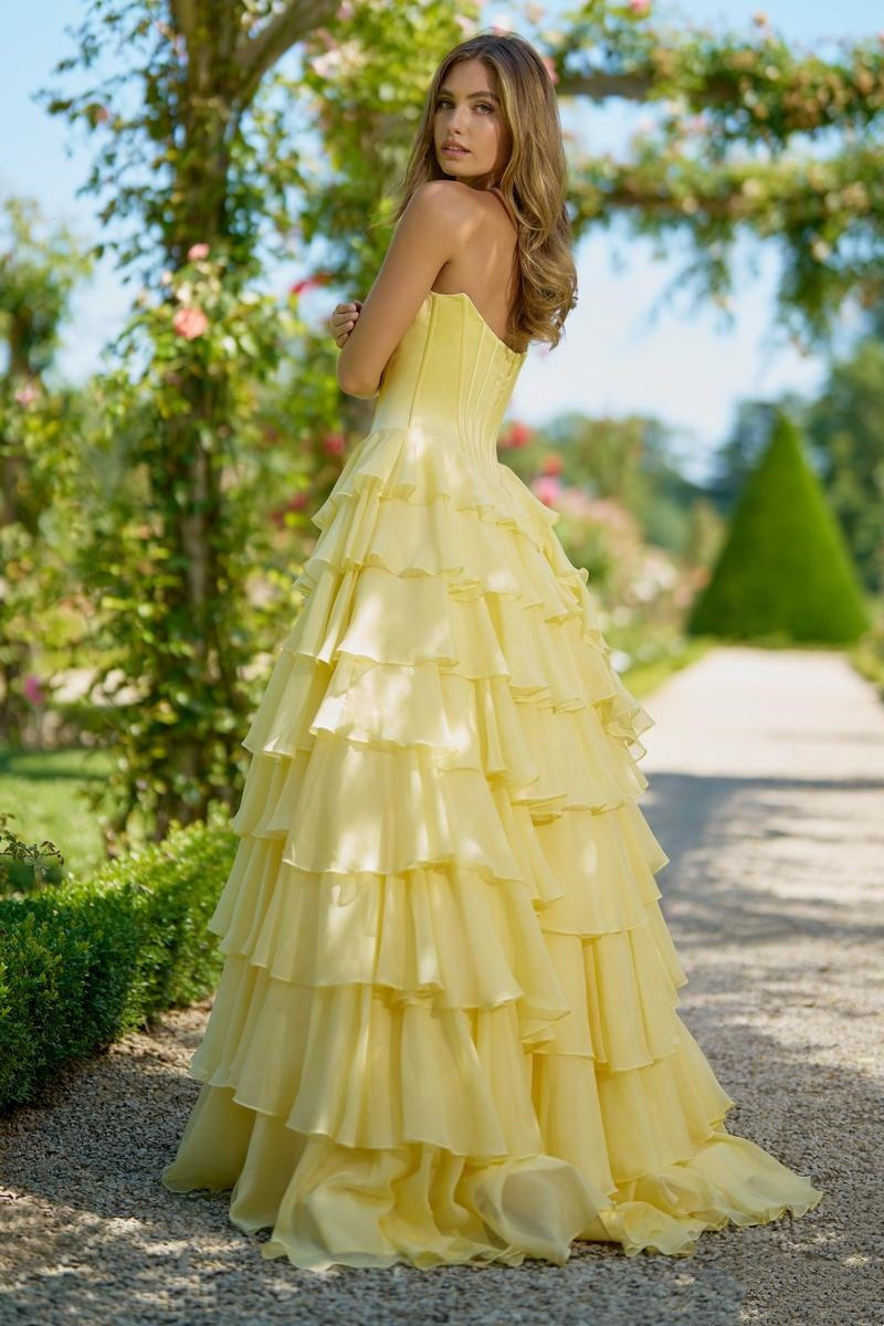 Ruffled Layers and High Slit Strapless Corset Gown