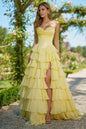 Ruffled Layers and High Slit Strapless Corset Gown