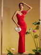 Strapless Deep V One Shoulder Flower Maxi Dress