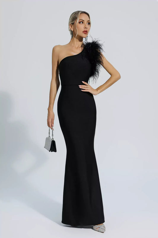 Ostrich Fur One Shoulder Bandage Dress