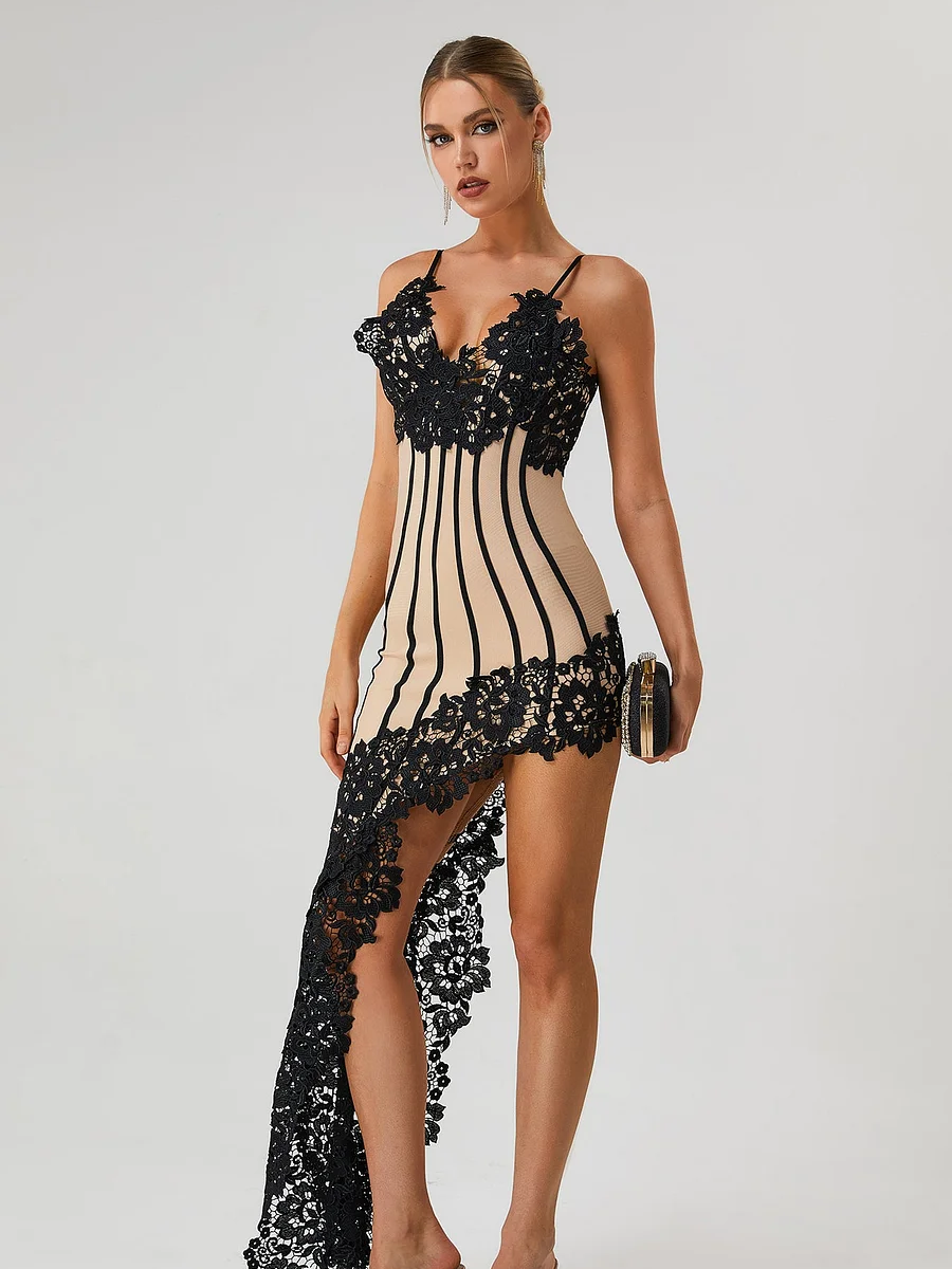 V Halter Backless Irregular Lace Bandage Dress