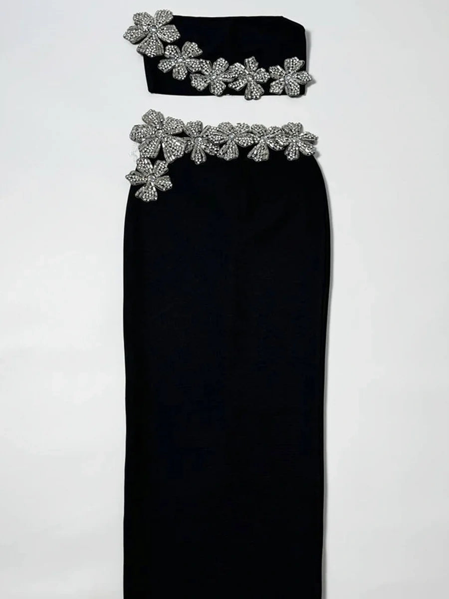 Heavy Diamond Tube Top High Waist Skirt Bandage Two Piece Set