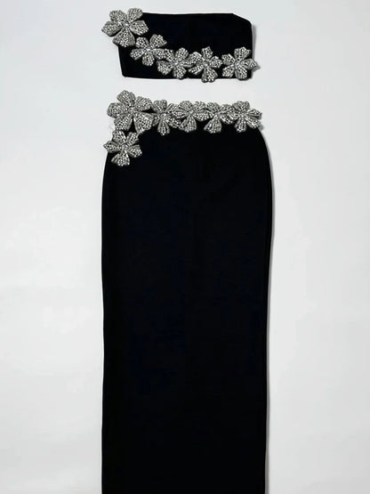 Heavy Diamond Tube Top High Waist Skirt Bandage Two Piece Set