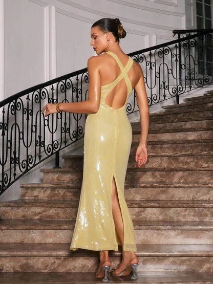Cutout Backless Party Red Sequin Split Dress