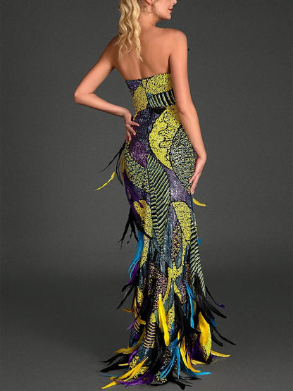 Embroidered Colorful Feather High Slit Tube Dress