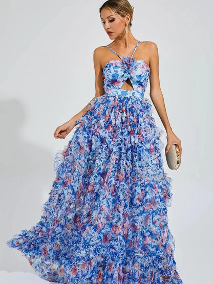 Organza Fairy Ruffle Floral Halter Dress