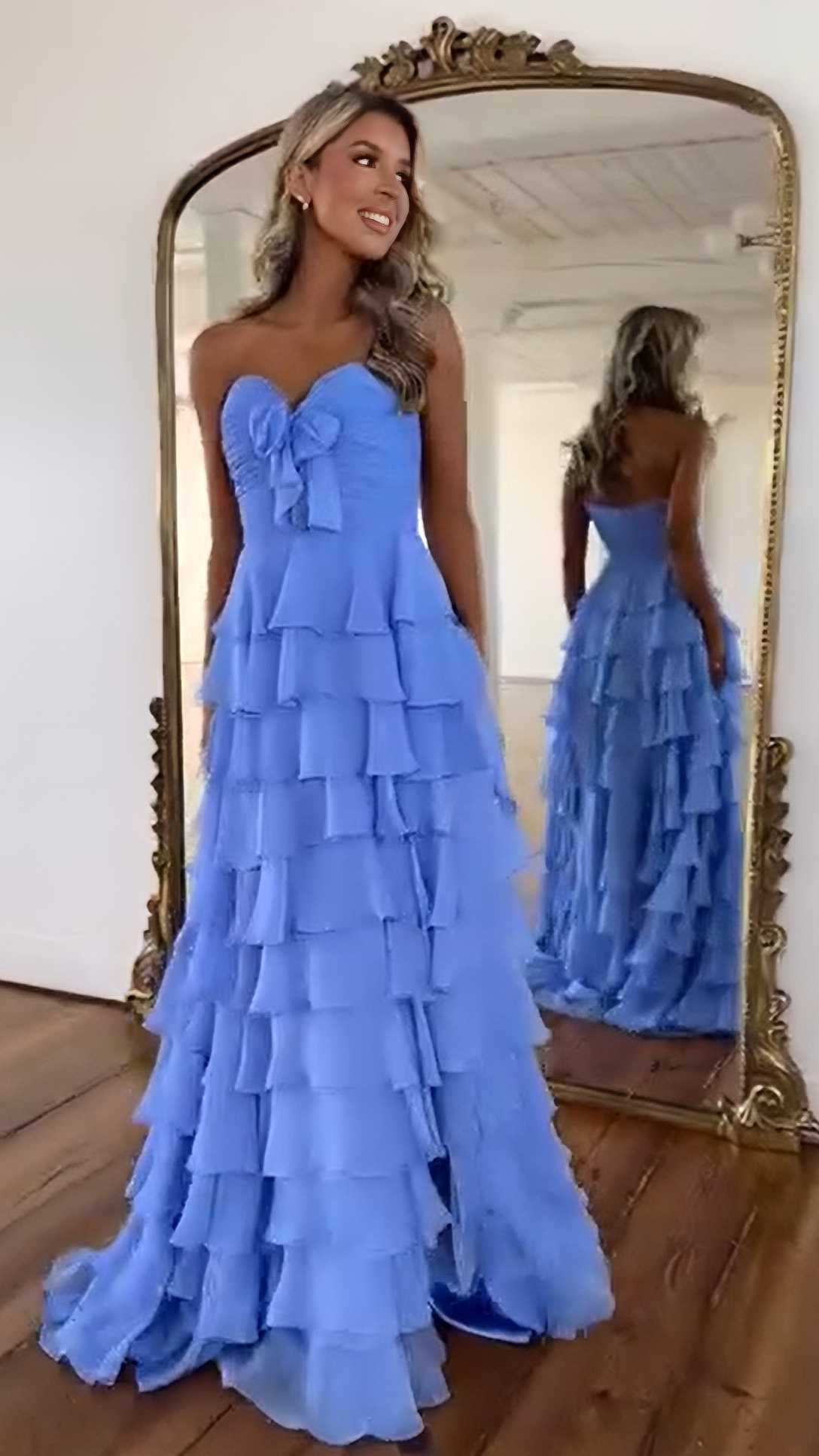 Strapless Ruffled Bow-front Detail High Slit Gown