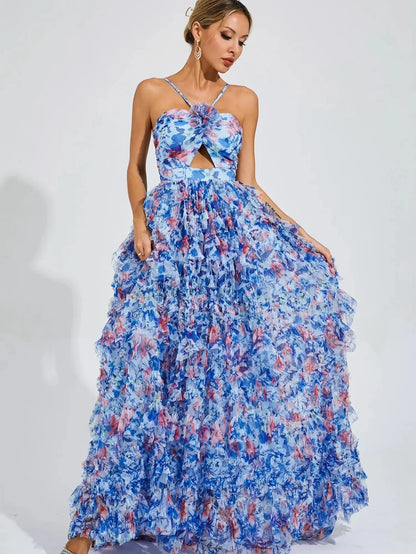Organza Fairy Ruffle Floral Halter Dress