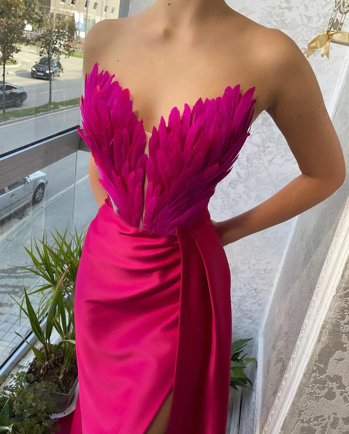 Elegant Feather Maxi Dress with Train
