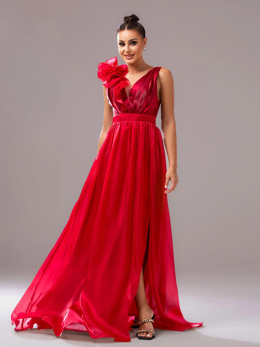 Red Floral Satin V-Neck A-line Evening Dress