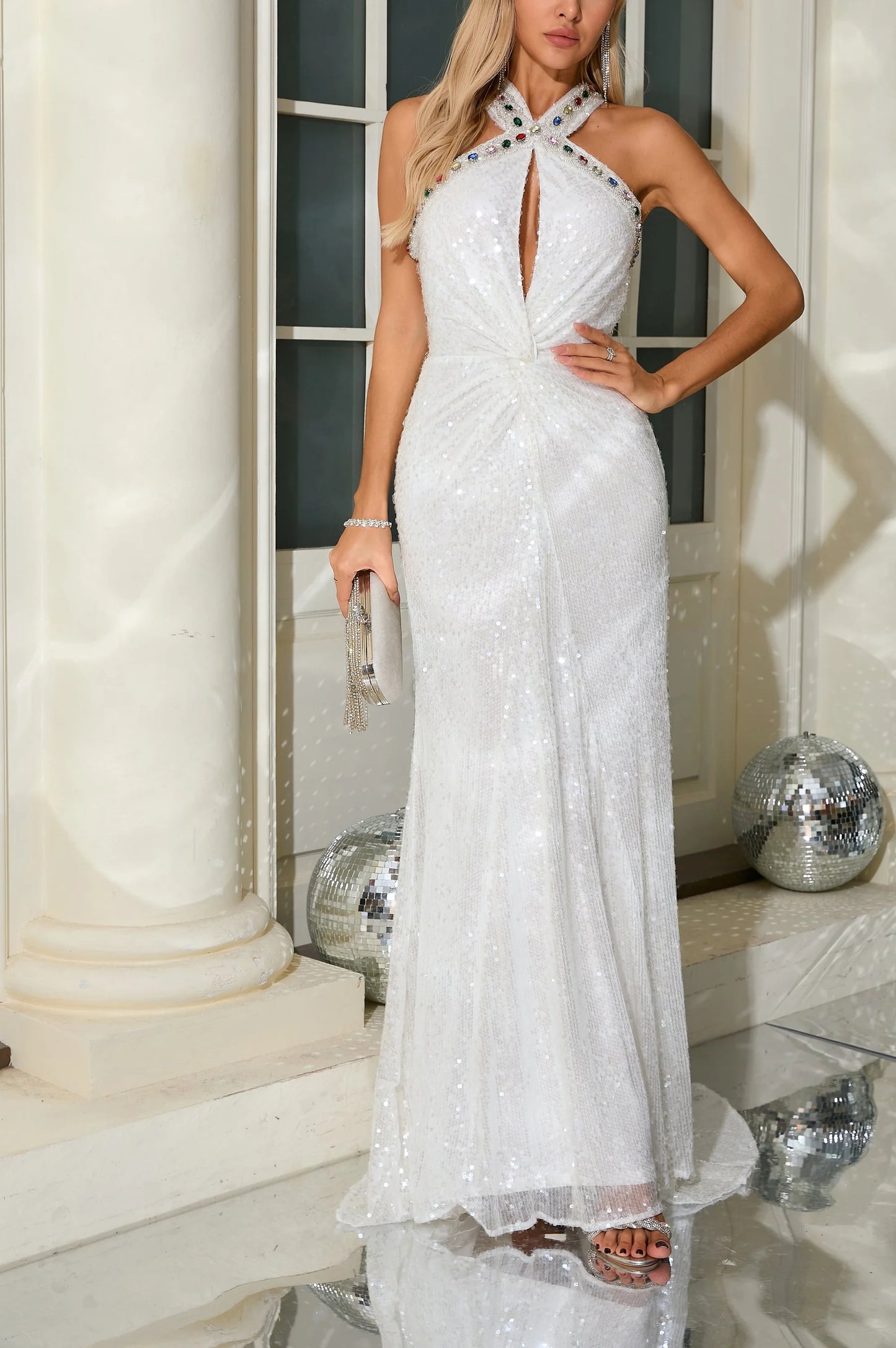 Choker-Style Hollow-Out Diamond-Embedded Evening Gown
