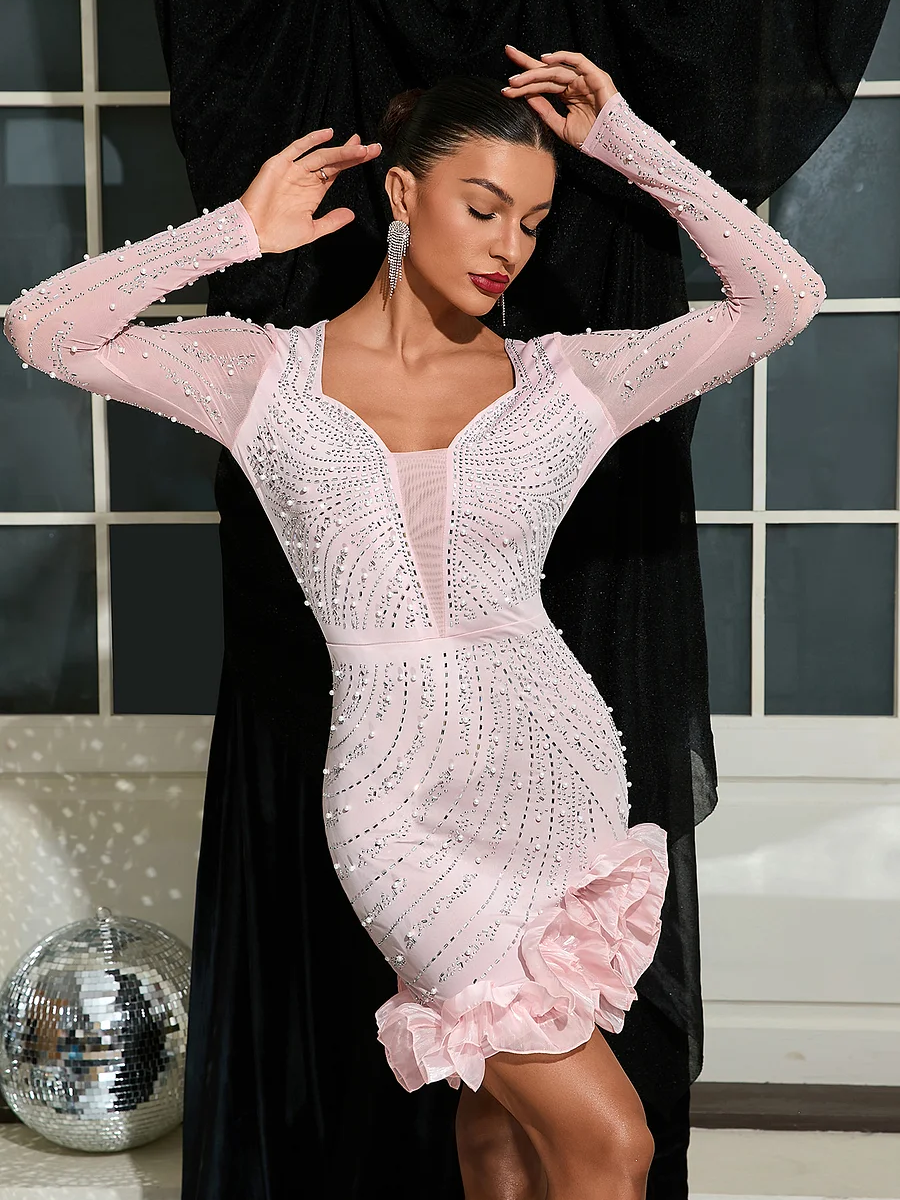 Square Neck Rhinestone Foam Beaded Dress