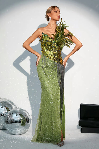 V-neck Green Sequined Maxi Dress
