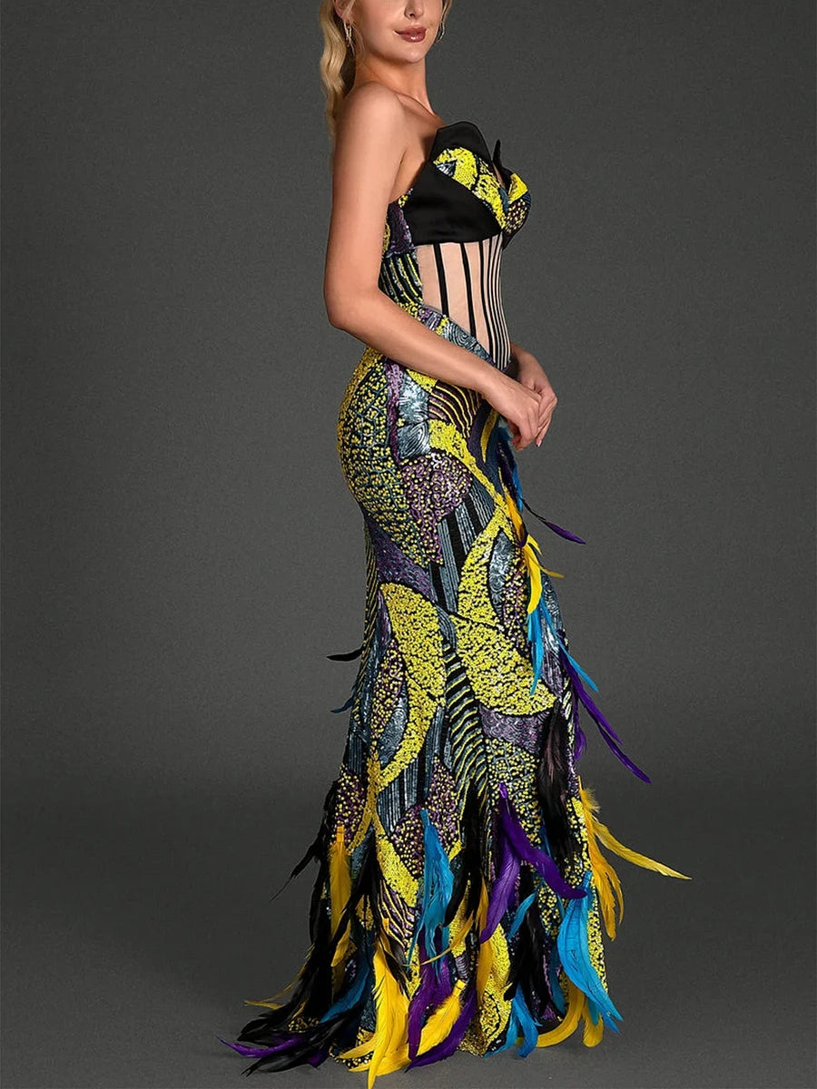 Embroidered Colorful Feather High Slit Tube Dress