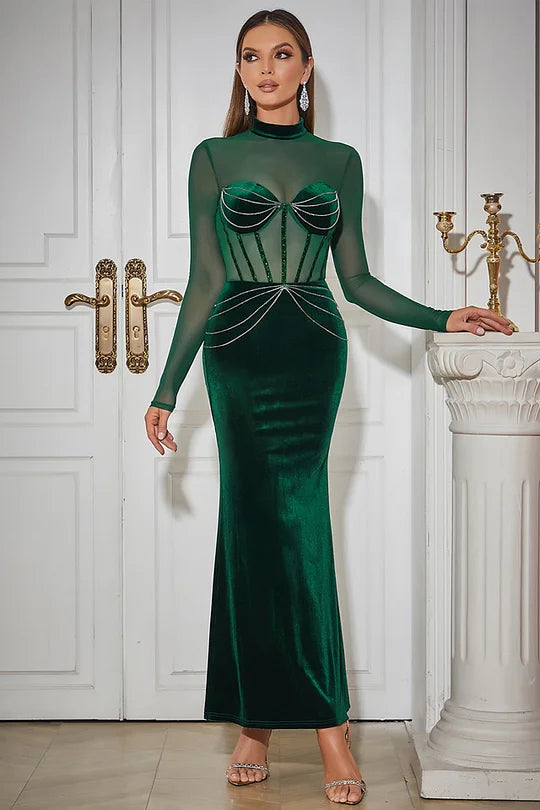 Round Neck Patchwork Mesh Sleeve Velvet Drill Chain Dress