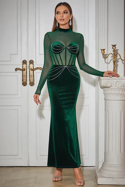 Round Neck Patchwork Mesh Sleeve Velvet Drill Chain Dress