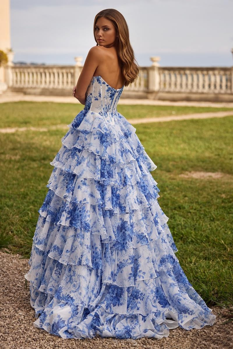 Strapless Ruffled Layers and High Slit Gown