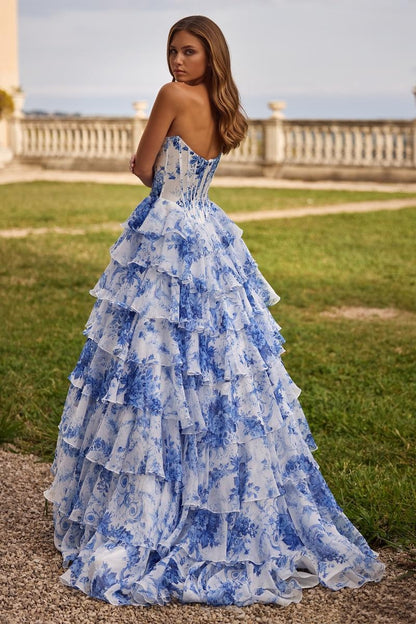 Strapless Ruffled Layers and High Slit Gown