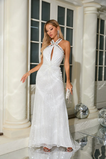 Choker-Style Hollow-Out Diamond-Embedded Evening Gown