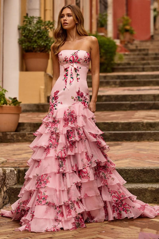 Ruffled Layers and Bow Detail Floral Strapless Gown