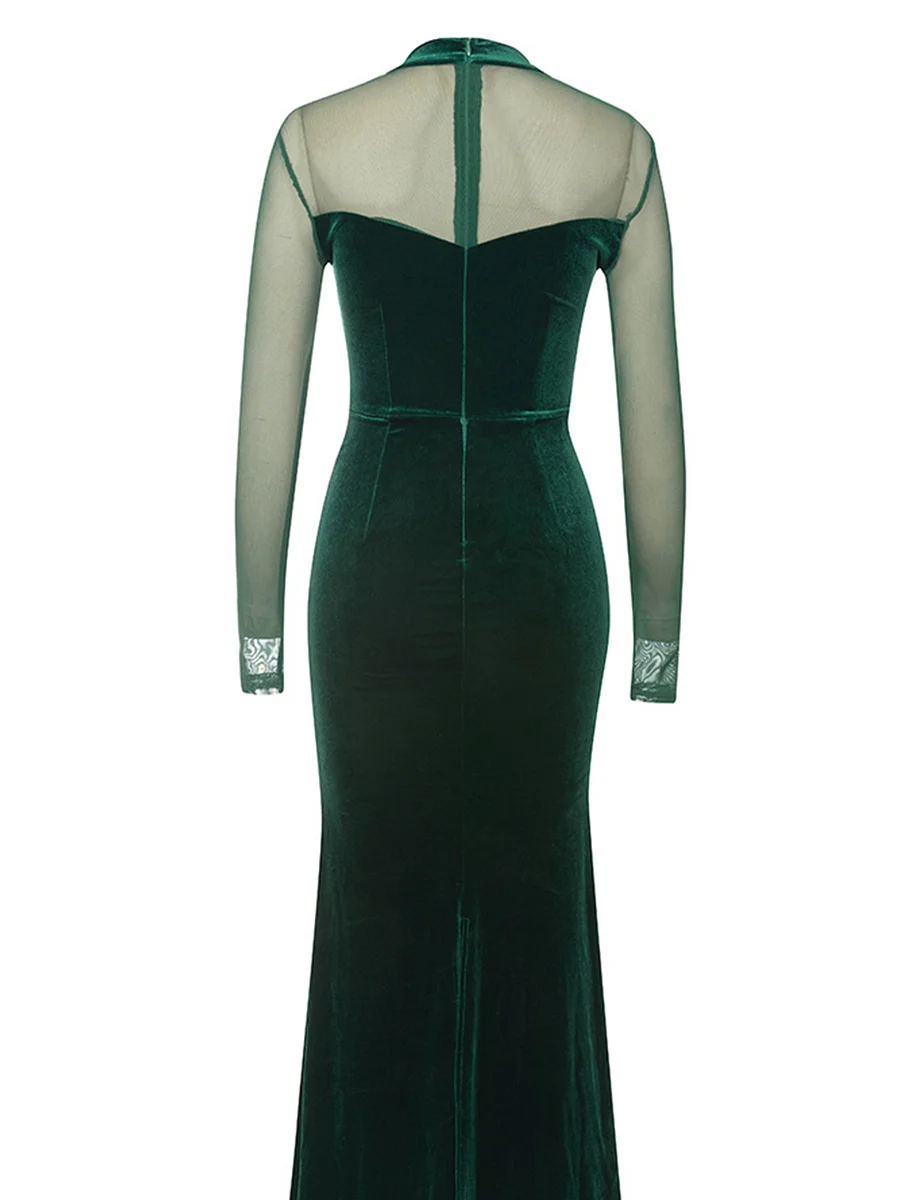 Round Neck Patchwork Mesh Sleeve Velvet Drill Chain Dress